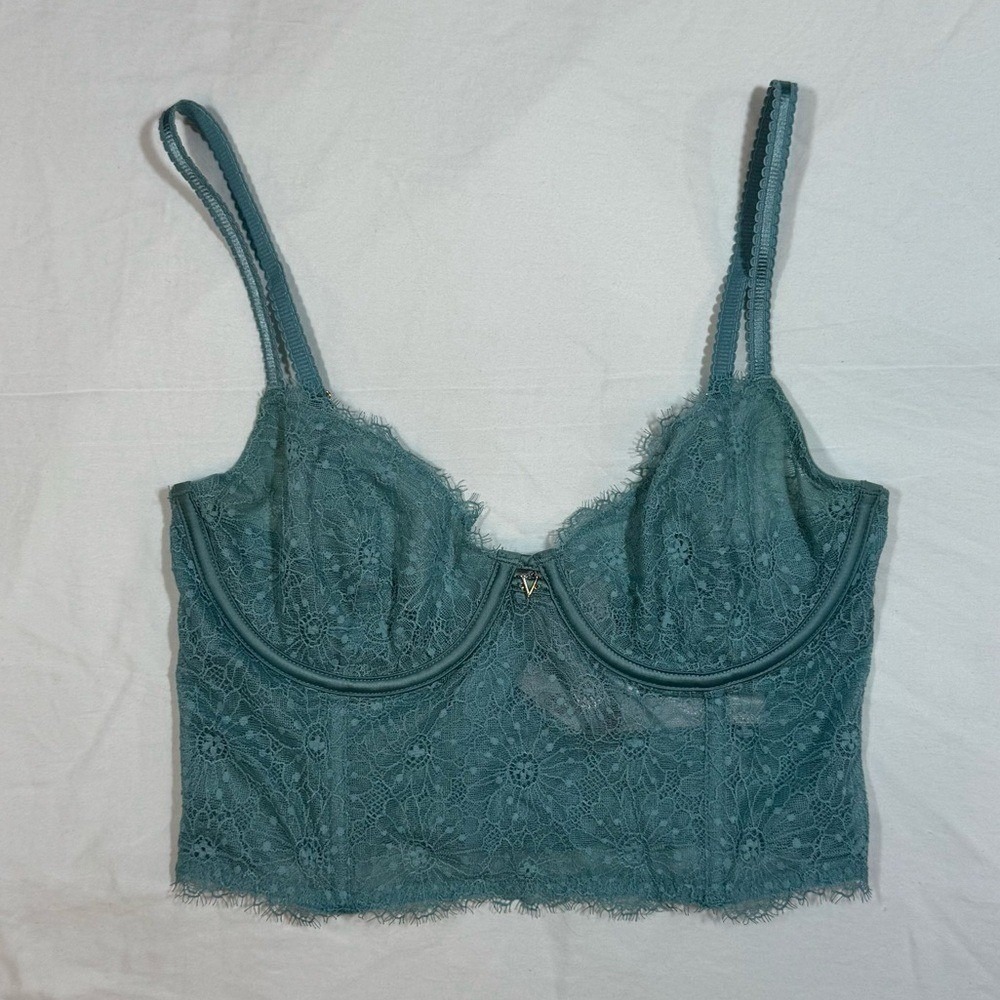 Victorias Secret Teal Floral Lace Longline/Corset Bra Unlined Underwire 32D